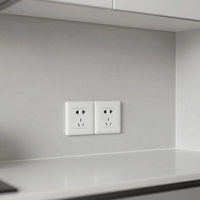 A kitchen renovation project showing new power outlets and perfectly aligned tiling in a modern minimalist style.
