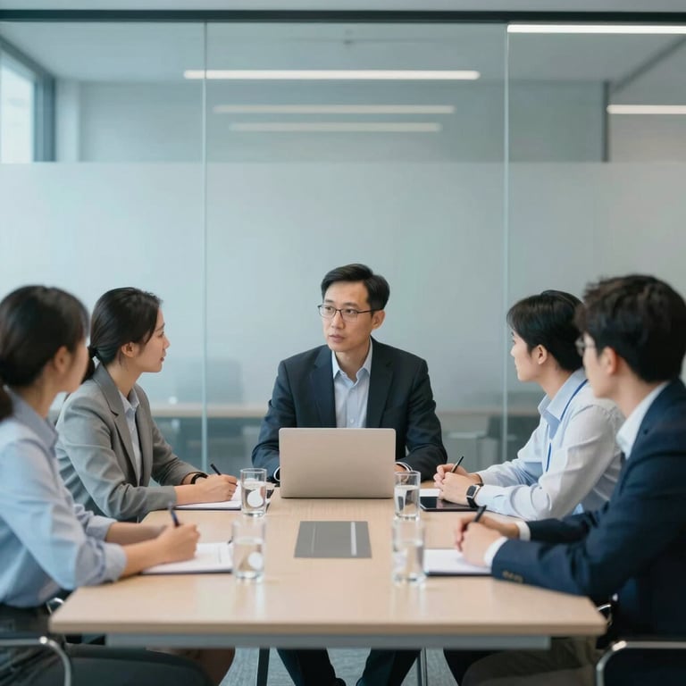 A team of professionals in a meeting room with glass walls, discussing marketing strategies, soft light blue #A6BFCC tones.