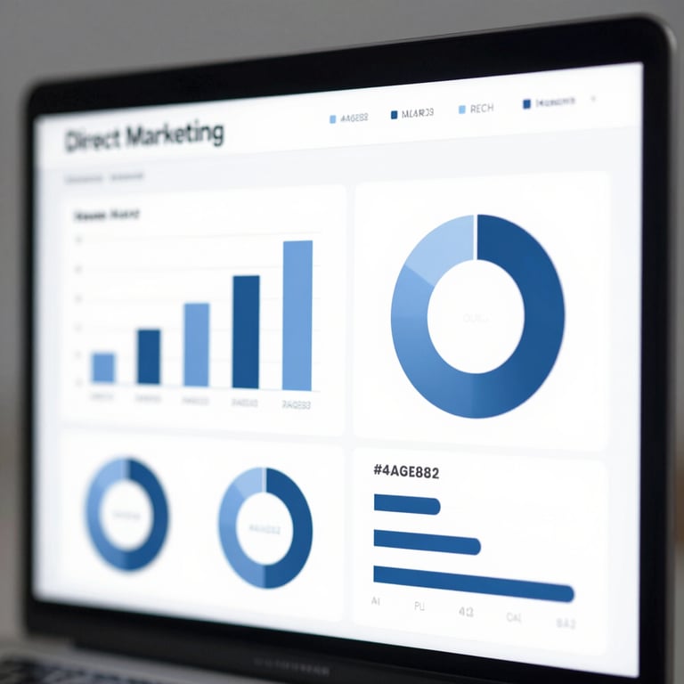 A sophisticated graphic showing direct marketing data analytics on a screen with a #4A6E82 color palette.