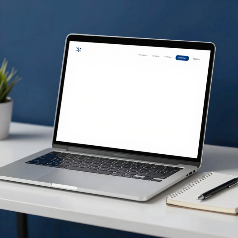 Modern office workspace with a clean desk, a silver laptop, and a notepad, featuring deep blue #2B2D42 accents.