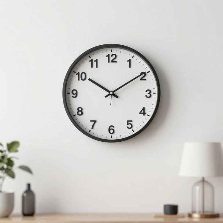 A minimalist clock on a white wall near a designer lamp, representing efficiency and modern business values.