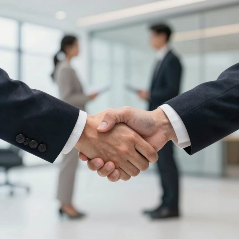 Professional handshake in a bright, modern corporate lobby, symbolizing trust and reliability.
