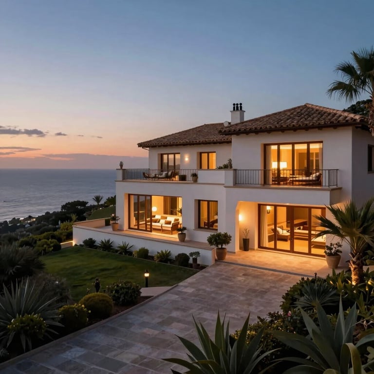 A scenic view of a luxury coastal property in Spain at twilight with warm interior lights glowing.