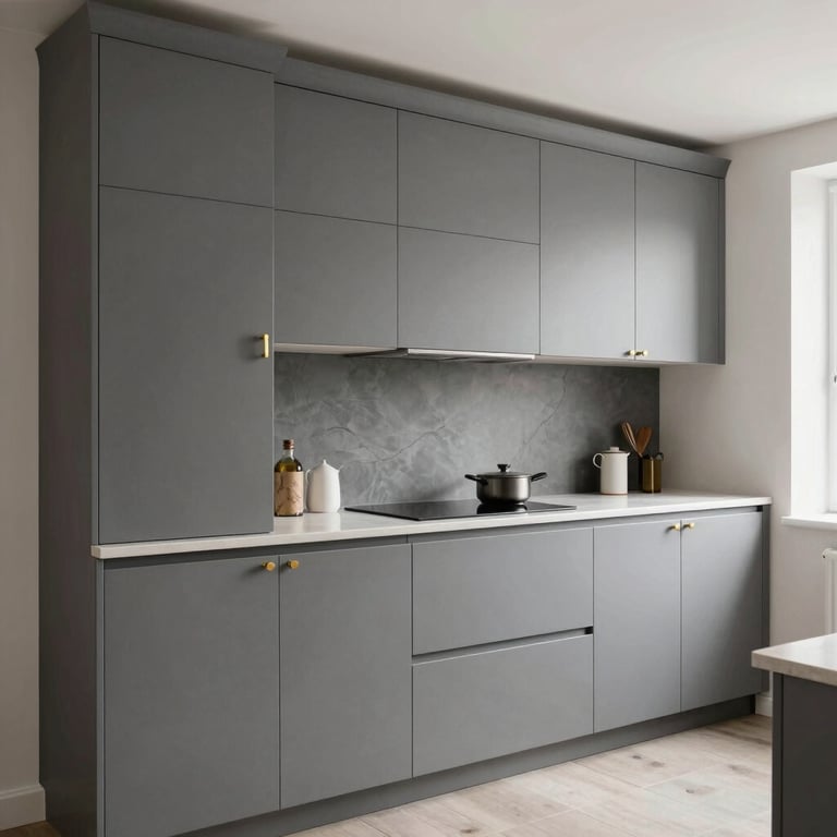 A modern kitchen interior with slate gray cabinets and gold hardware accents in a bright European home.