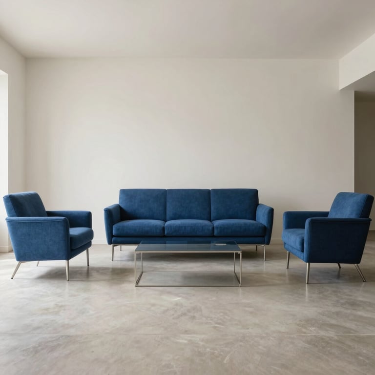 A wide-angle view of a contemporary living room with off-white walls and sophisticated steel blue furniture.