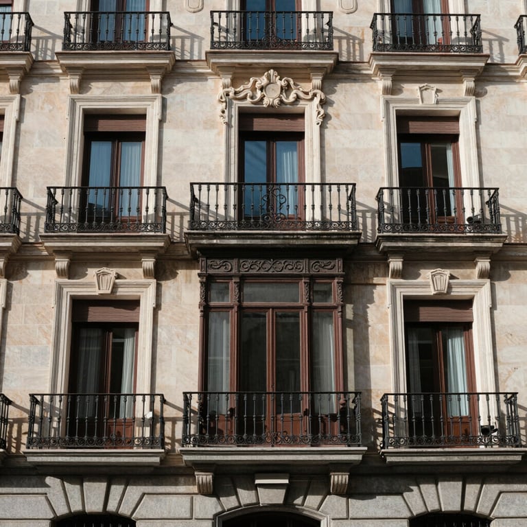 The elegant exterior of a historic building in Madrid with wrought iron balconies and large windows.