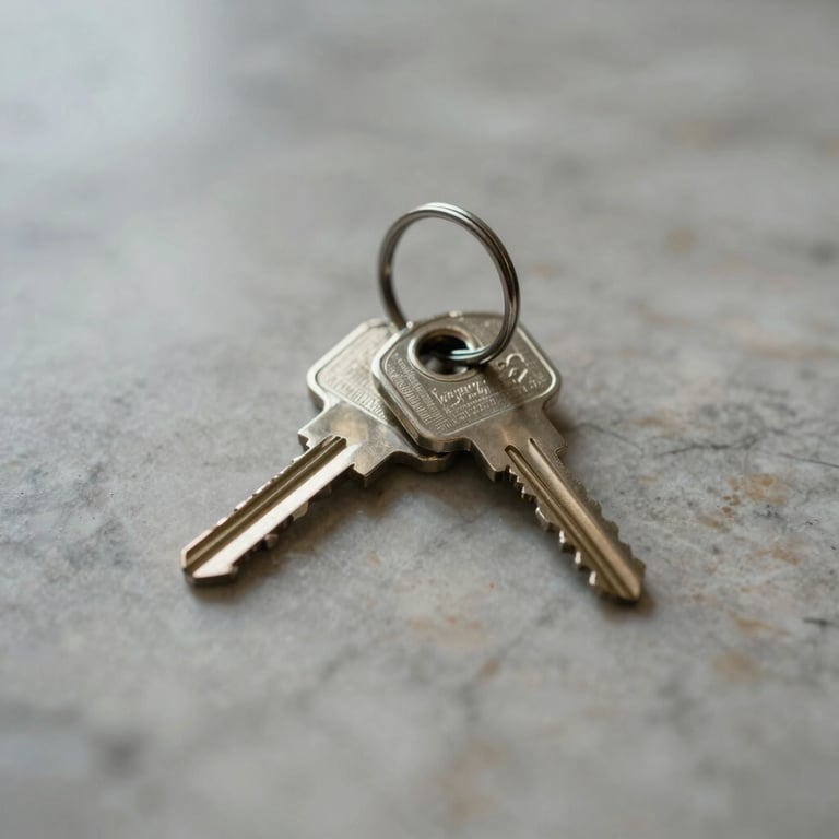 A pair of house keys resting on a polished marble surface with soft natural lighting.