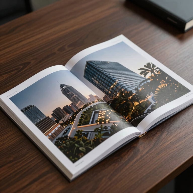 Detailed photography of a luxury property brochure lying on a dark wooden office desk.