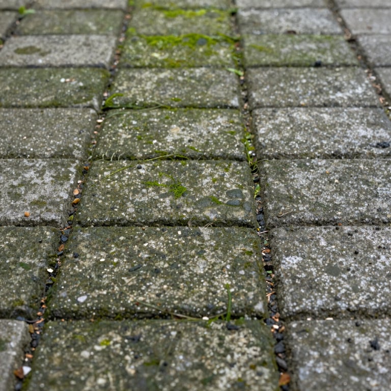 Extreme close-up of heavily soiled concrete paving slabs covered in green algae and dark grime deposits, overcast natural daylight, ground-level framing, no people