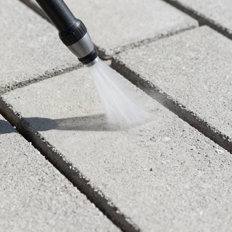 Extreme close-up of the same concrete paving slabs after high-pressure cleaning, bright natural daylight revealing clean pale grey surface with sharp texture detail, no people