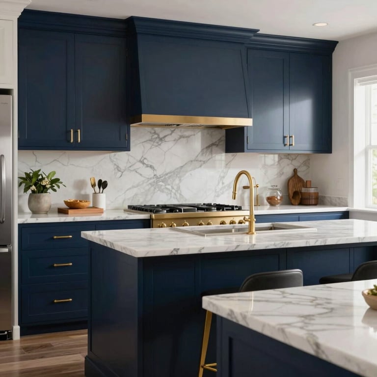 A sleek, gourmet kitchen featuring gold hardware, navy cabinetry, and marble countertops in a sophisticated US home.