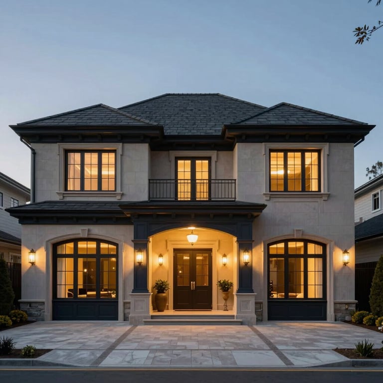A sharp architectural photograph of a luxury North American / US mansion exterior with dark navy trim and gold lighting at dusk.