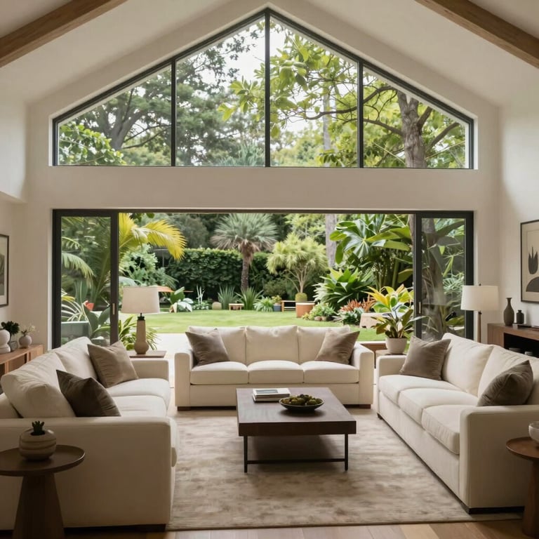 Interior shot of a modern living room with cream-colored upholstery and high ceilings, overlooking a lush North American / US garden.