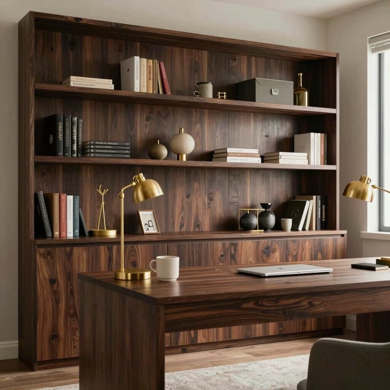 A professional home office with dark wood shelves and gold desk accessories in a modern North American / US residence.