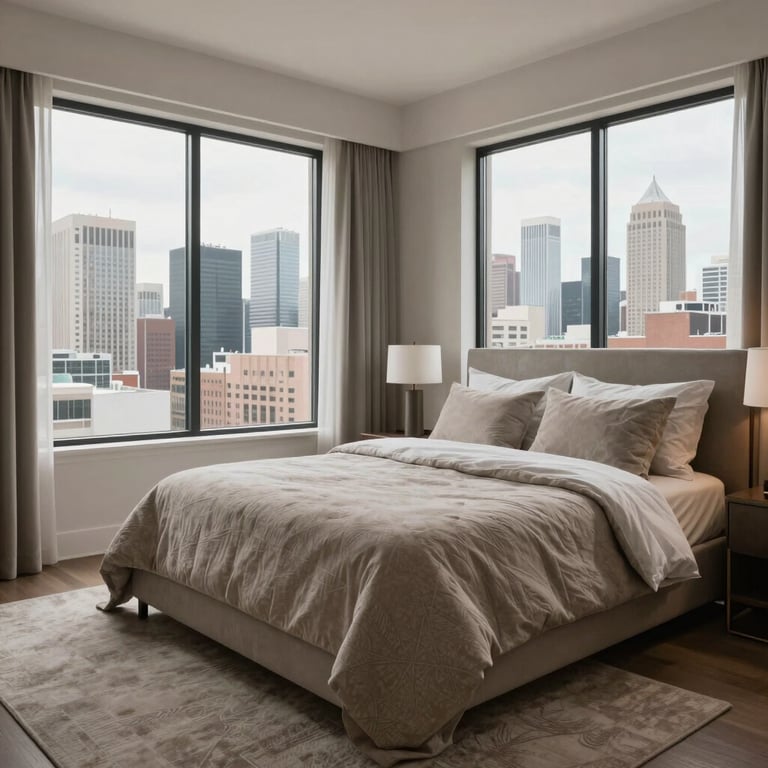 A spacious master bedroom with neutral taupe textiles and large windows showing a North American / US skyline.