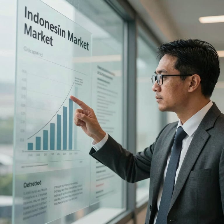 A professional analyst pointing at a glass board with data insights about Indonesian market growth, sharp focus, authoritative mood.