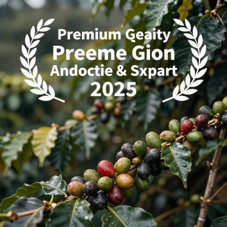 A minimalist, close-up shot of a coffee plantation in the Indonesian highlands, focused on premium quality and export potential, soft sunlight lighting.