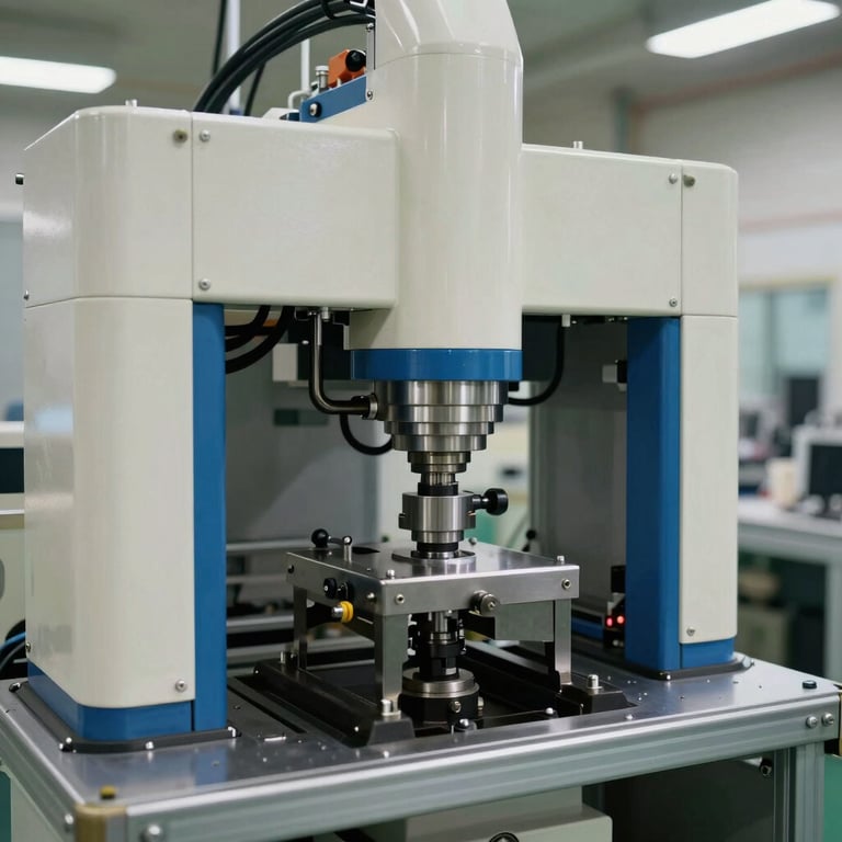 A high-end manufacturing facility showing precision and automation, clean aesthetic with off-white and metallic steel blue accents.