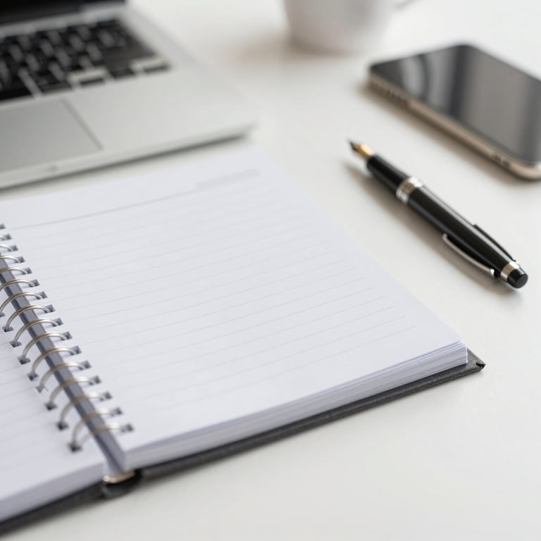 A focused shot of a professional planner and a high-end fountain pen on a clean white desk, symbolize organization and precision.
