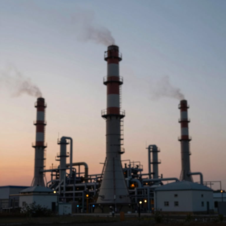 Abstract representation of the energy sector: stylized industrial structures against a twilight sky with elegant cinematic lighting.