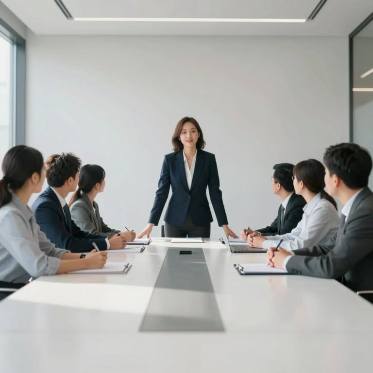 A team of professionals collaborating around a large, minimalist conference table in a sunlit room, reflecting teamwork and leadership.