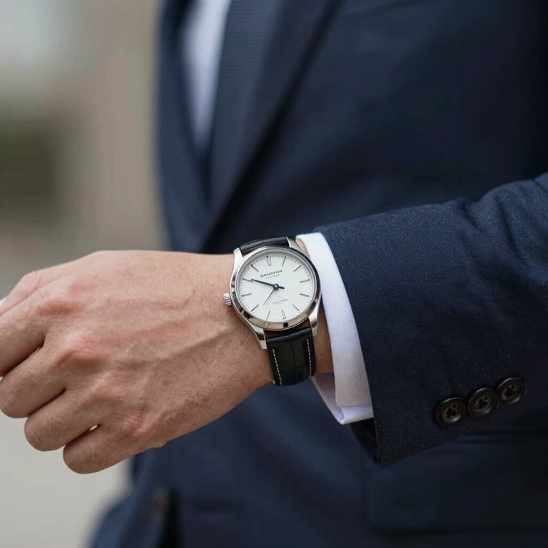 Close-up of a professional suit cuff and a classic watch, representing the punctuality and elegance of a business administrator.