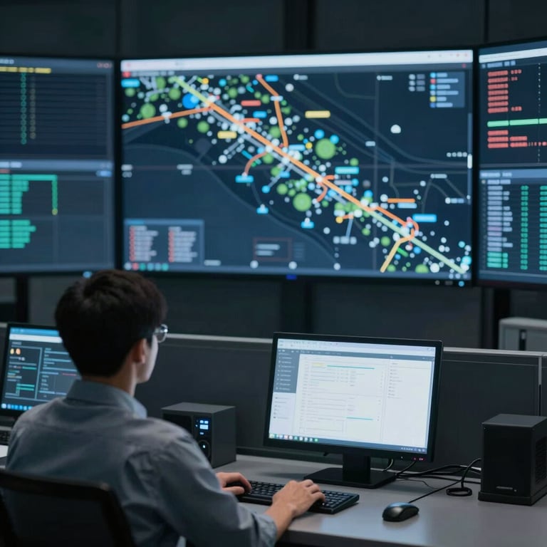 A high-tech control room with digital screens showing logistical transport maps, emphasizing sector-specific expertise.