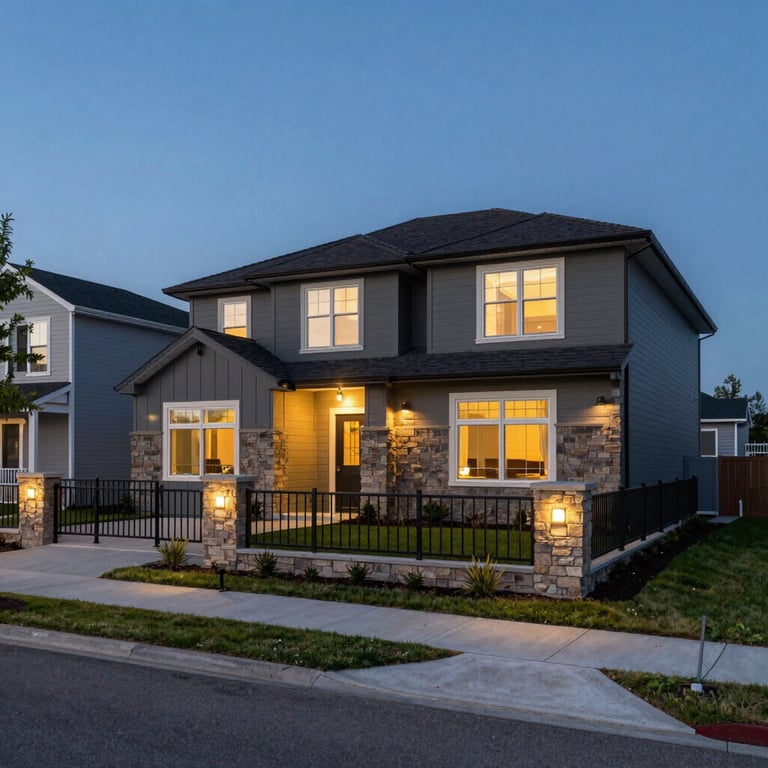A wide exterior shot of a modern home in a North American / US neighborhood at dusk, focusing on a secure and well-lit perimeter.