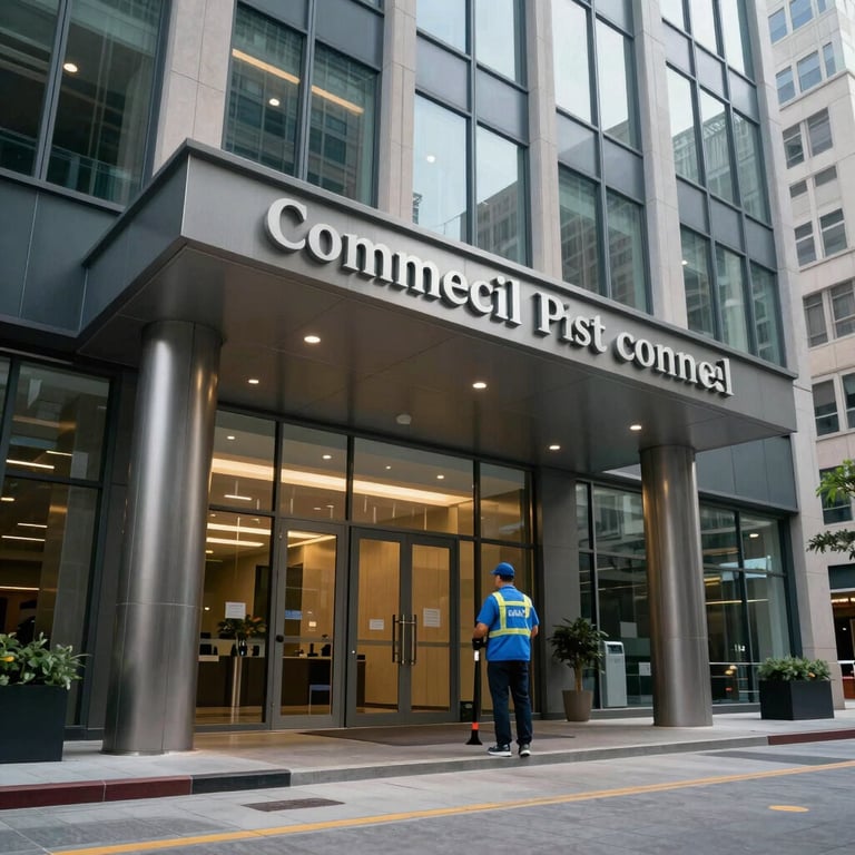 A modern office building entrance in a North American / US business district, symbolizing commercial pest control expertise and reliability.