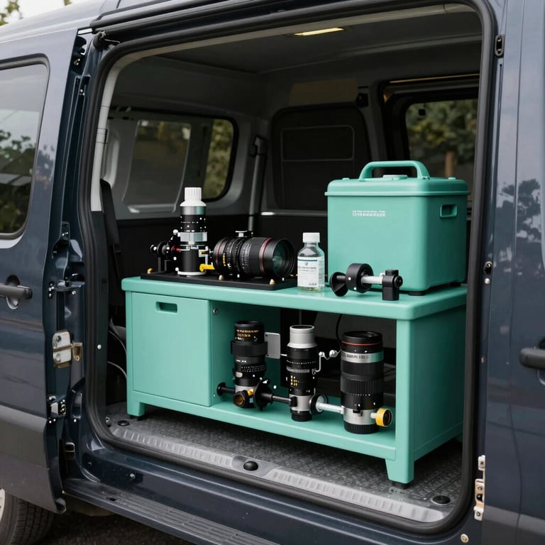 Detail of eco-friendly pest management equipment organized neatly in the back of a Dark Navy service vehicle with Soft Teal accents.