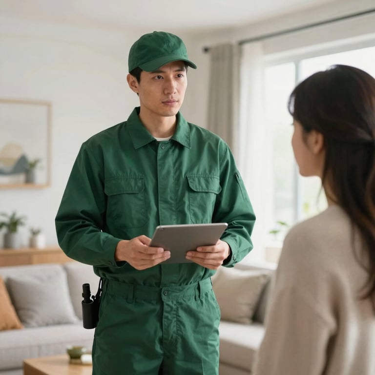 A professional pest control technician in a Forest Green uniform consulting with a homeowner in a bright, modern North American living room.
