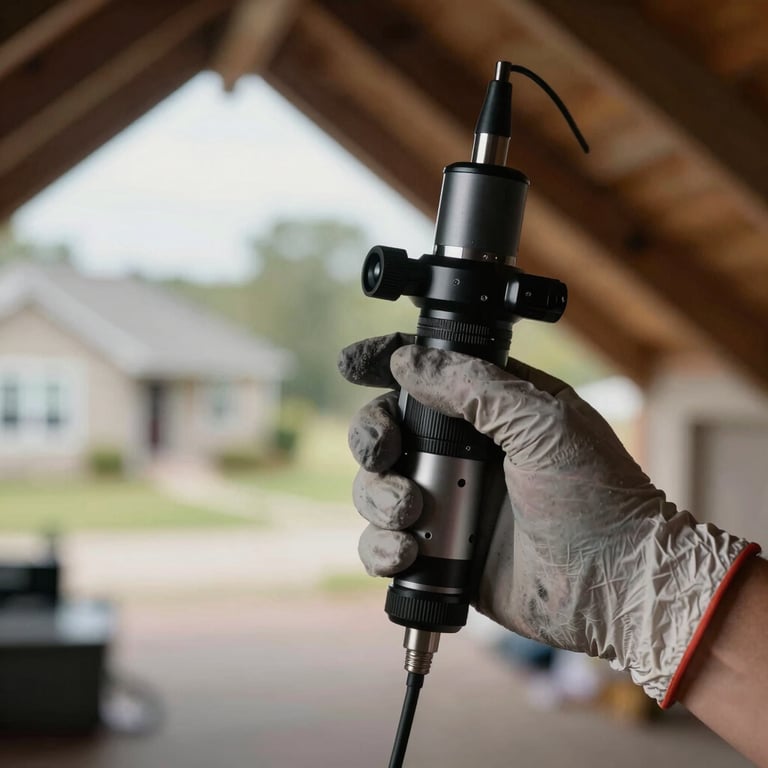A close-up of a technician's hand wearing a protective glove using a high-tech sensor tool in a North American suburban attic, professional and clean style.