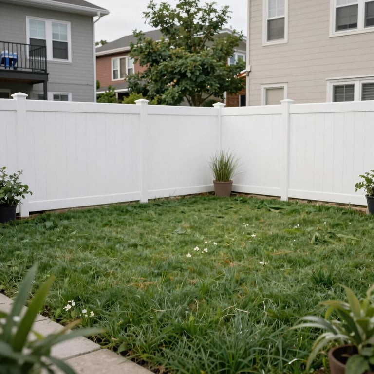 A clean urban backyard with manicured grass and a white fence in a North American / US city, representing a safe, pest-free family environment.