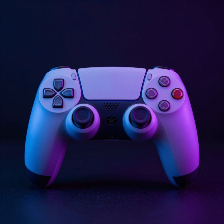Sleek PlayStation controller illuminated by neon ambient blue and purple light, dark moody background, cinematic 35mm