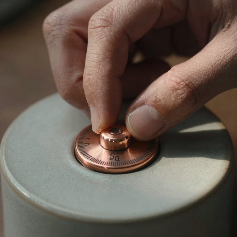 Macro crop of hands adjusting a weighted copper dial on a matte ceramic surface, soft directional light casting early evening shadows.