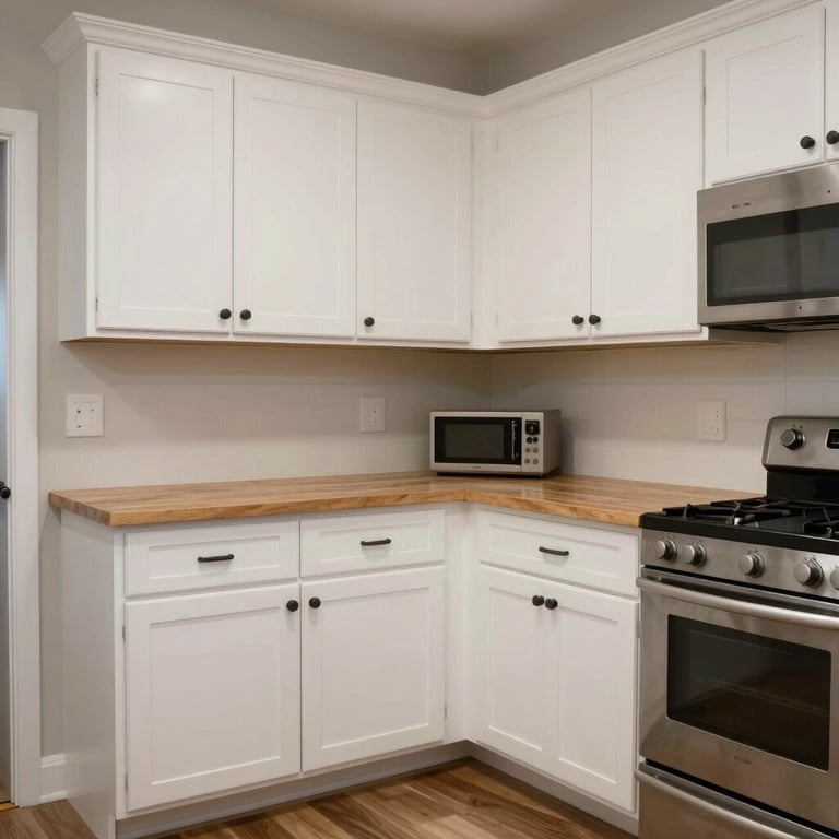 A clean, pest-free kitchen area in a North American / US home, featuring Glacier White cabinets and a bright, trustworthy atmosphere.