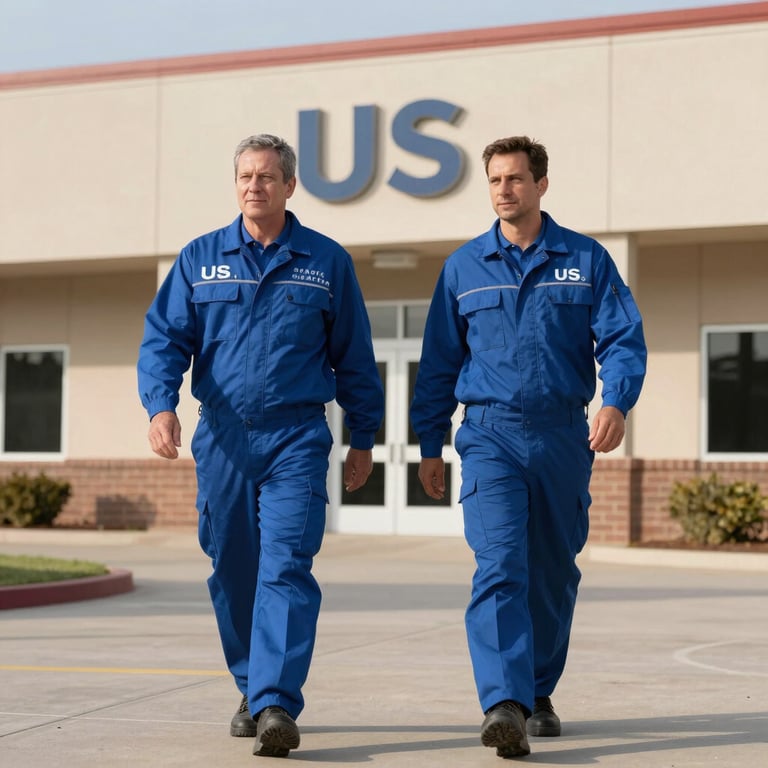 A team of two specialists in Steel Blue workwear walking confidently towards a North American / US building, bright morning light.