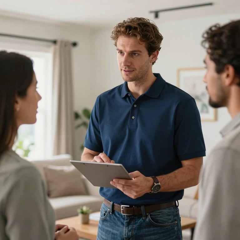 A professional technician in a Midnight Blue polo consulting with a homeowner in a bright North American / US living room.