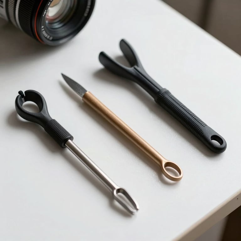 Detailed macro photography of specialized pest-prevention tools on a Glacier White surface, emphasizing a modern aesthetic.