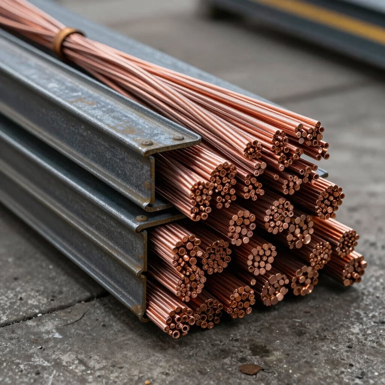 Close-up of sorted raw industrial copper wiring and heavy steel beams stacked neatly on a concrete floor, high-contrast industrial lighting.