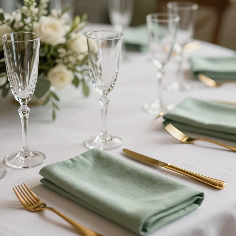 A macro photograph of an elegant luxury reception table, featuring crystal champagne glasses, gold cutlery, and soft sage green linen napkins in natural daylight.