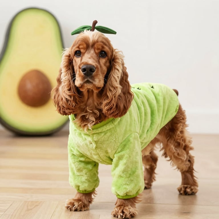 Un perro Cocker Spaniel vestido con un disfraz de aguacate y una diadema con una hoja.
