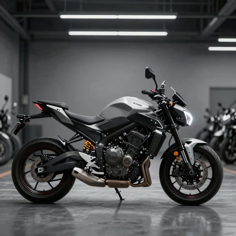 A sleek motorcycle profile in a modern garage, illuminated to highlight the ignition area, using #3F4A5E tones.