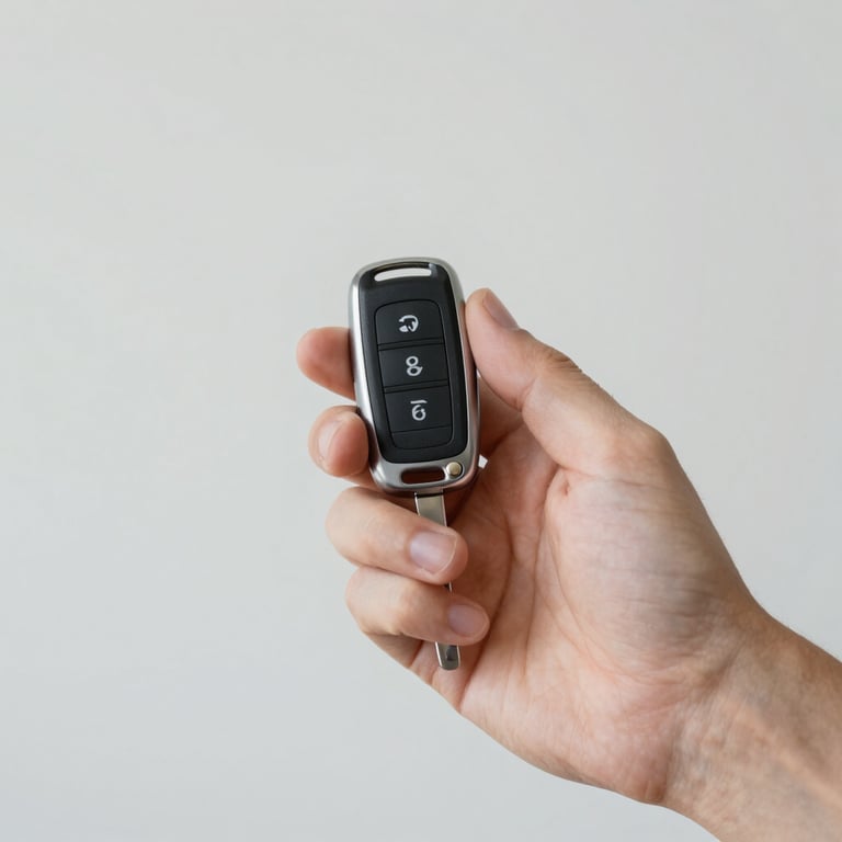 A technician's hand holding a high-tech car key fob with a minimalist background.