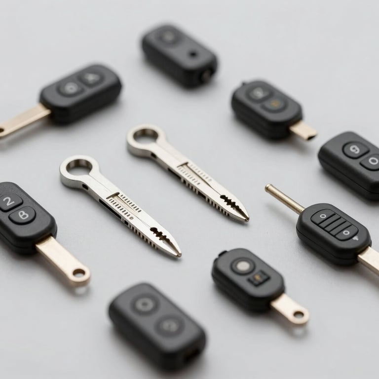 An array of professional locksmith tools and transponder chips neatly arranged on a clean gray surface (#F5F7FA).