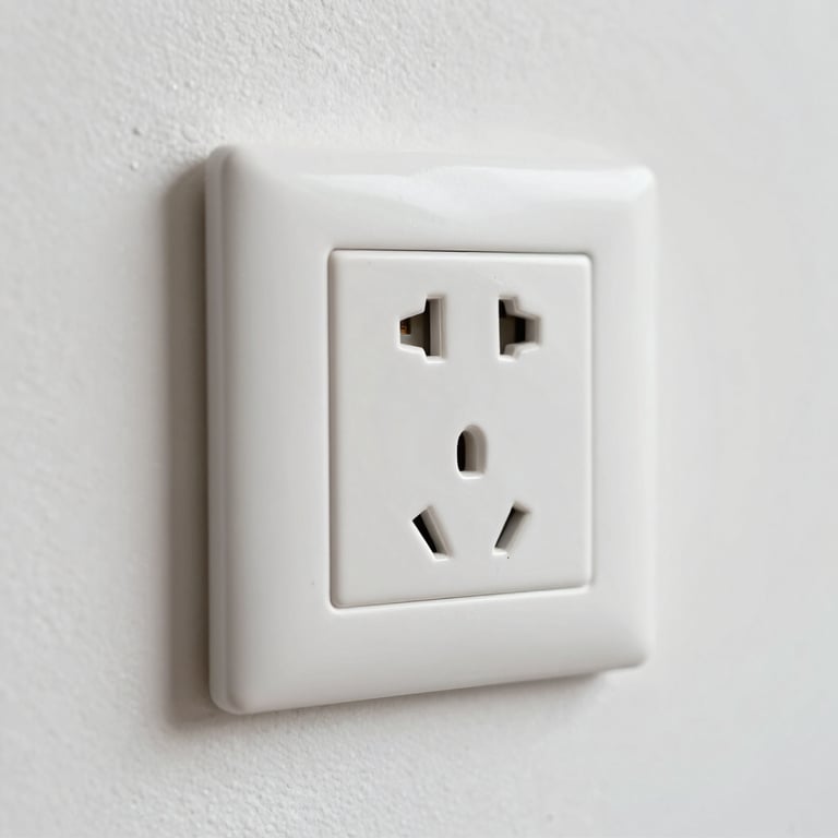 Close-up of a neatly installed power socket on a clean white wall in a Southeast Asian / Malaysian home.
