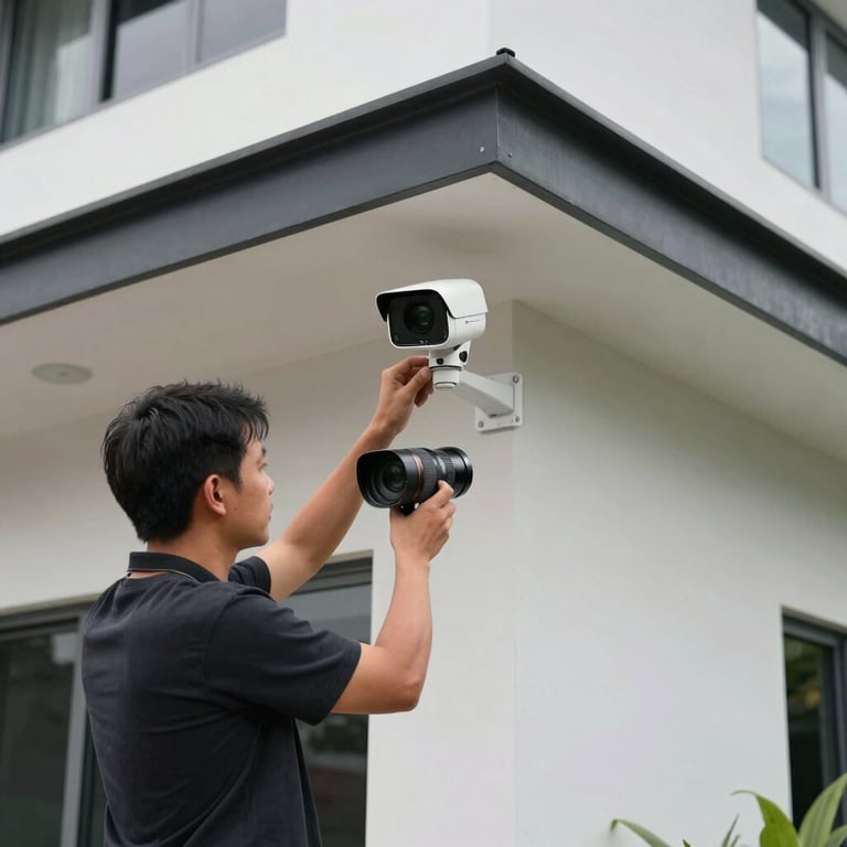 A technician setting up a high-definition CCTV camera on the corner of a modern house in Malaysia.