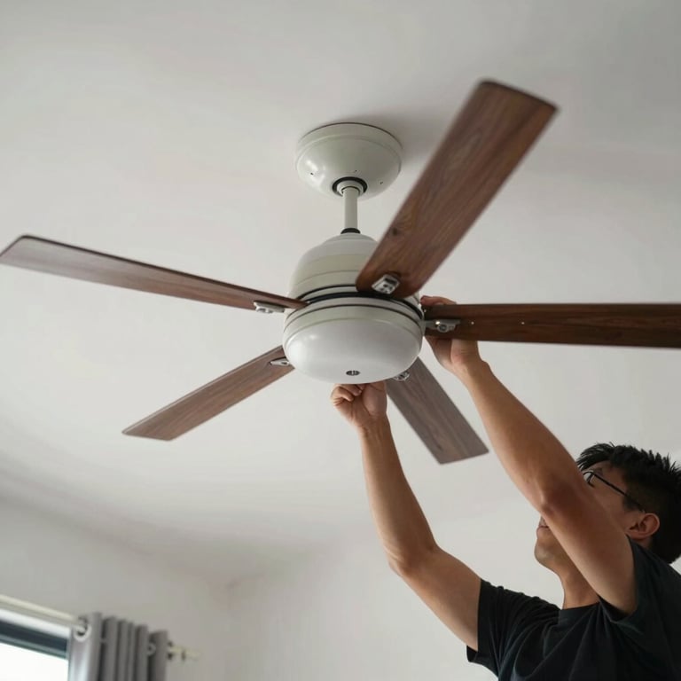 A professional installing a ceiling fan with precision in a Southeast Asian / Malaysian bedroom.