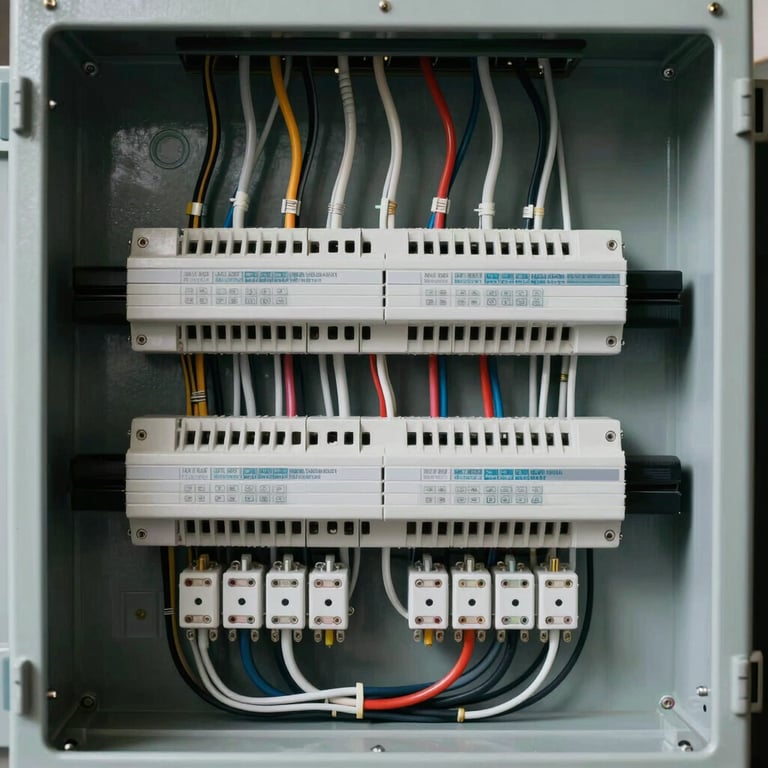 Well-organized electrical wiring and components in a residential distribution board, very neat and technical.