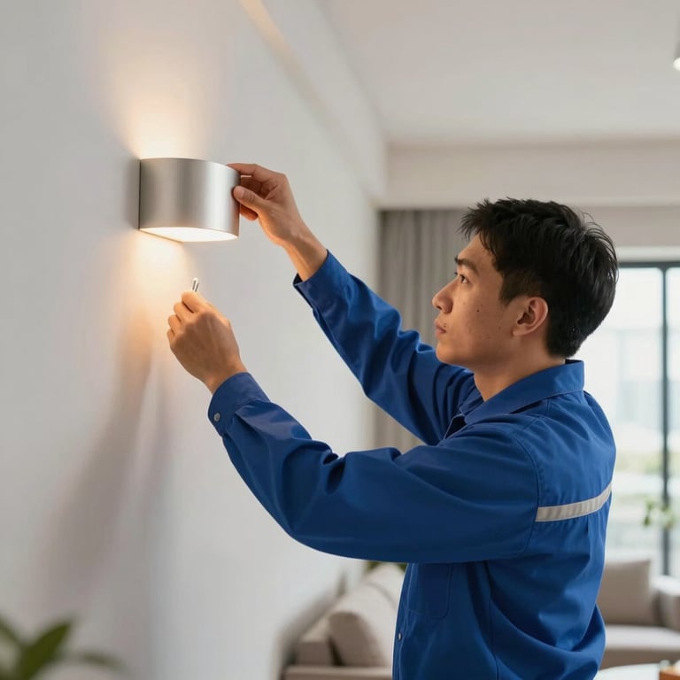A technician in a steel blue uniform installing a wall lamp in a modern Malaysian living room.